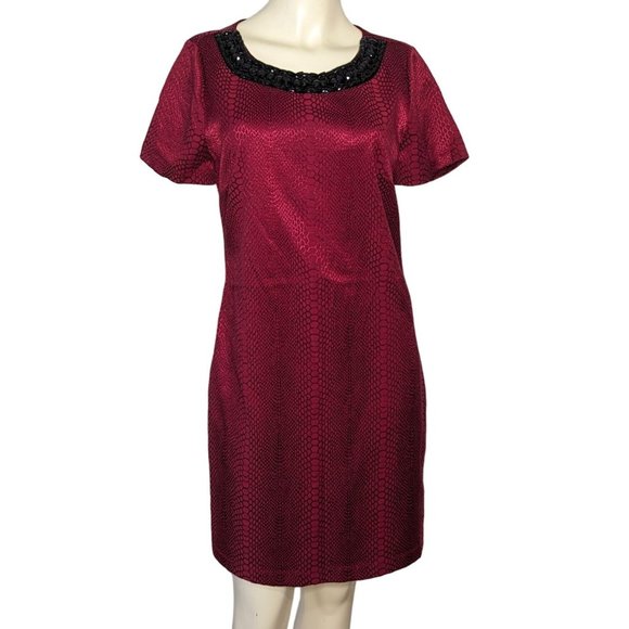 HALO short sleeve red snakeskin‎ beaded neckline sheath career Dress size M - Picture 1 of 11